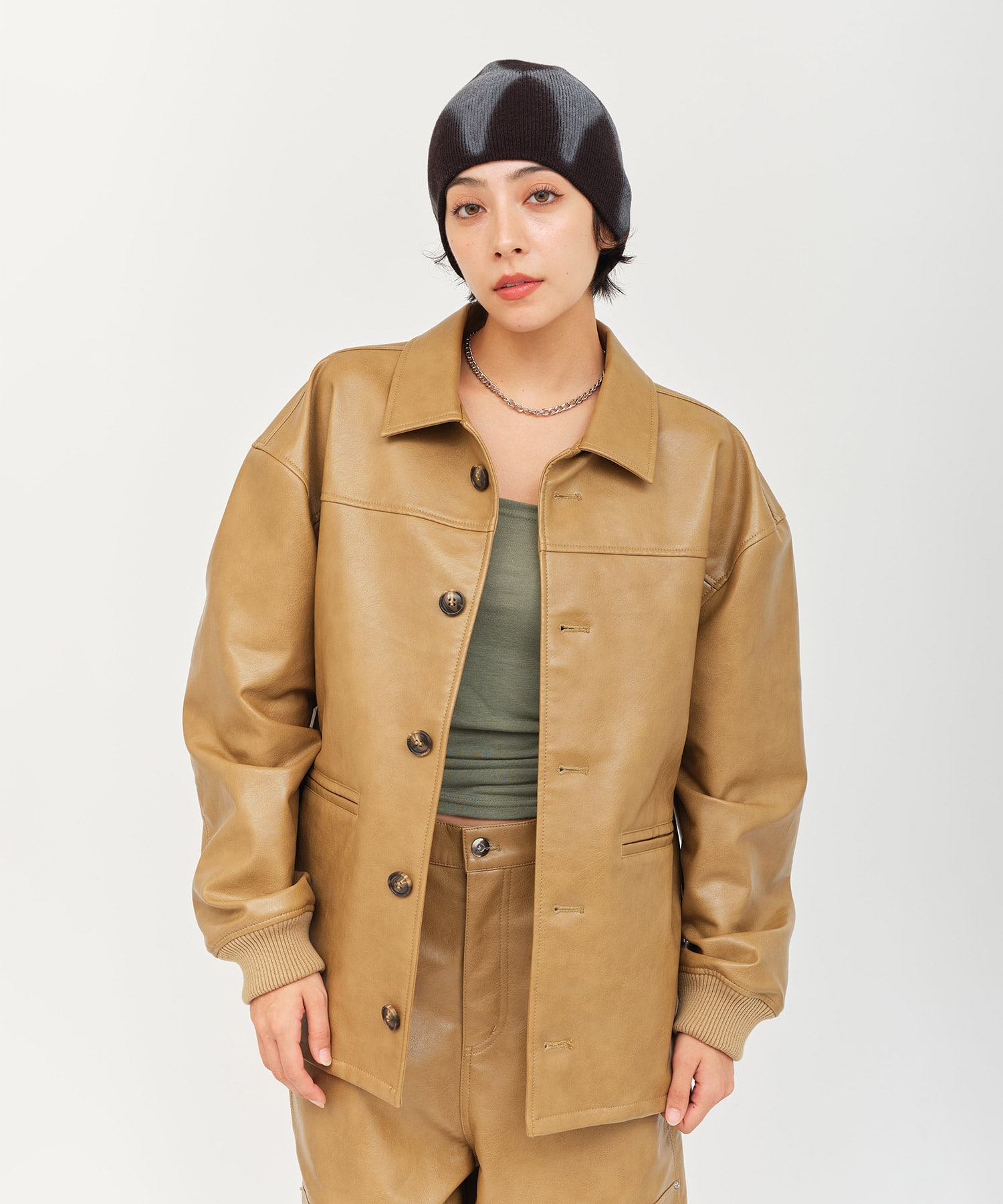 atmos pink Synthetic Leather Car Coat BEIGEの画像