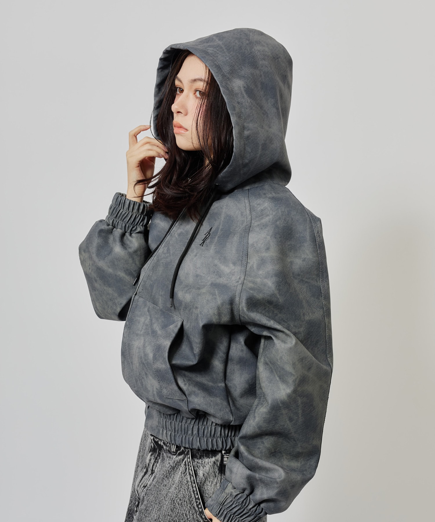 atmos pink Faux Leather Hoodie Jacket CHARCOALの画像