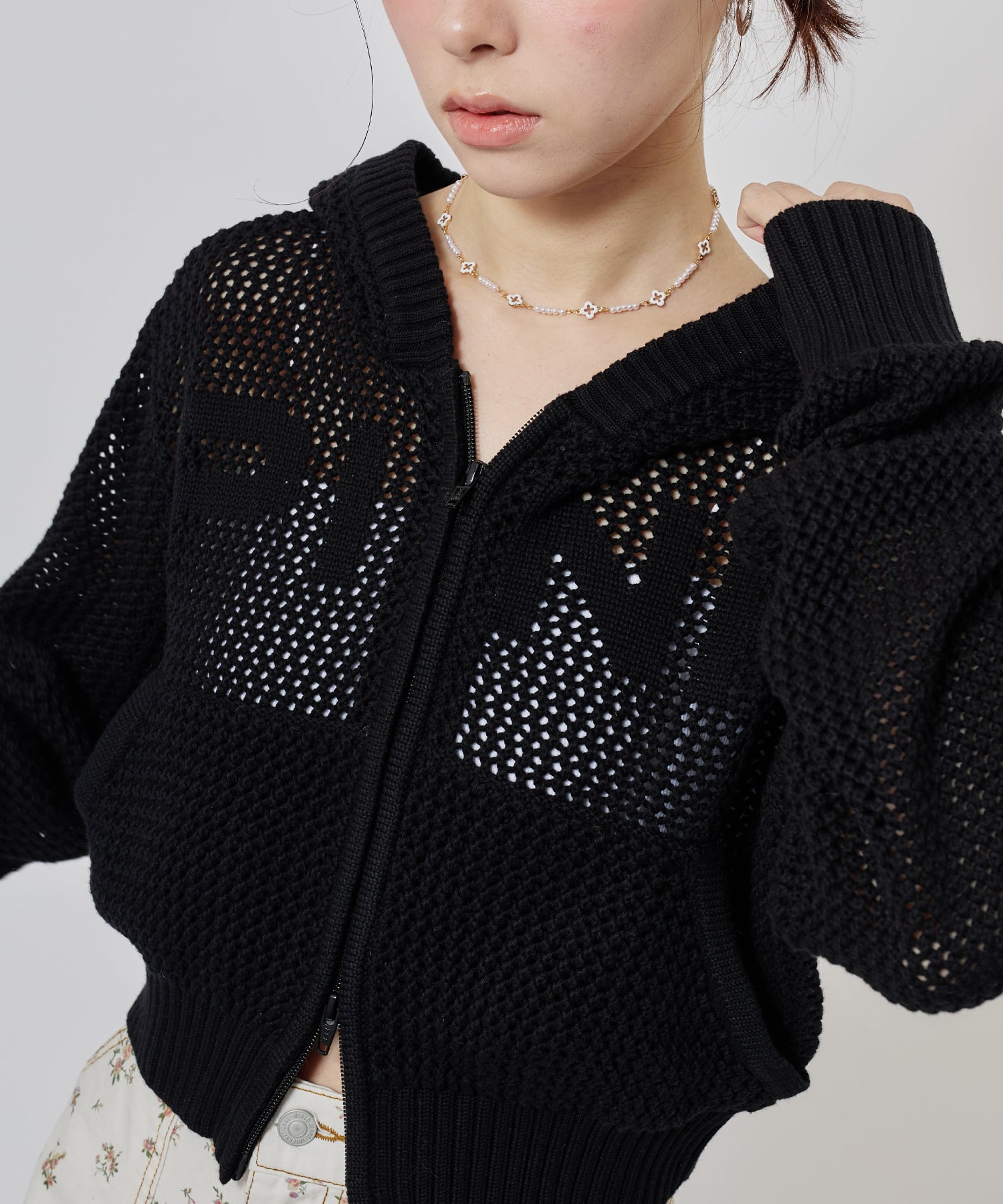 atmos pink Pointelle Knit Zip-up Hoodie BLACKの画像