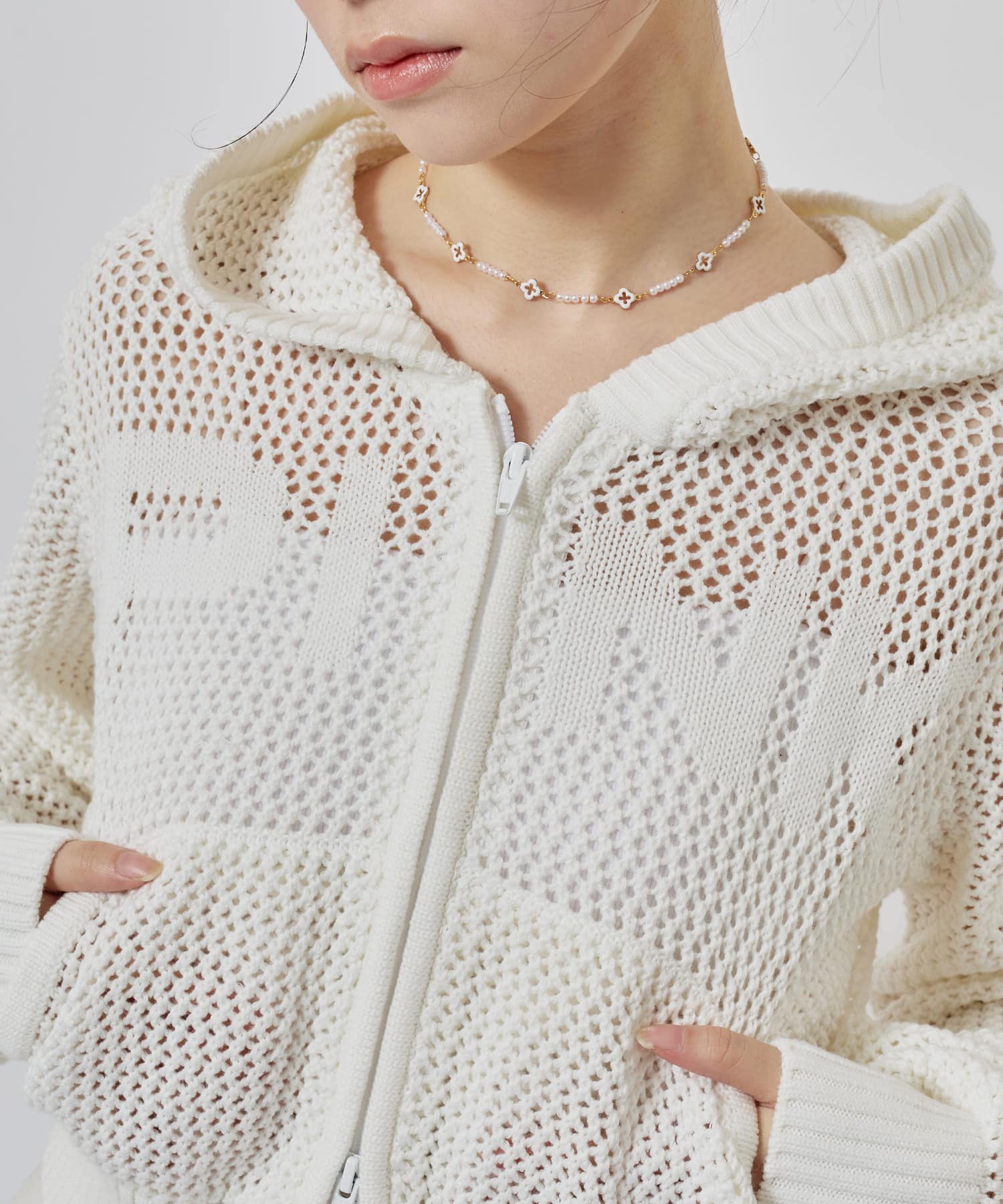 atmos pink Pointelle Knit Zip-up Hoodie WHITEの画像