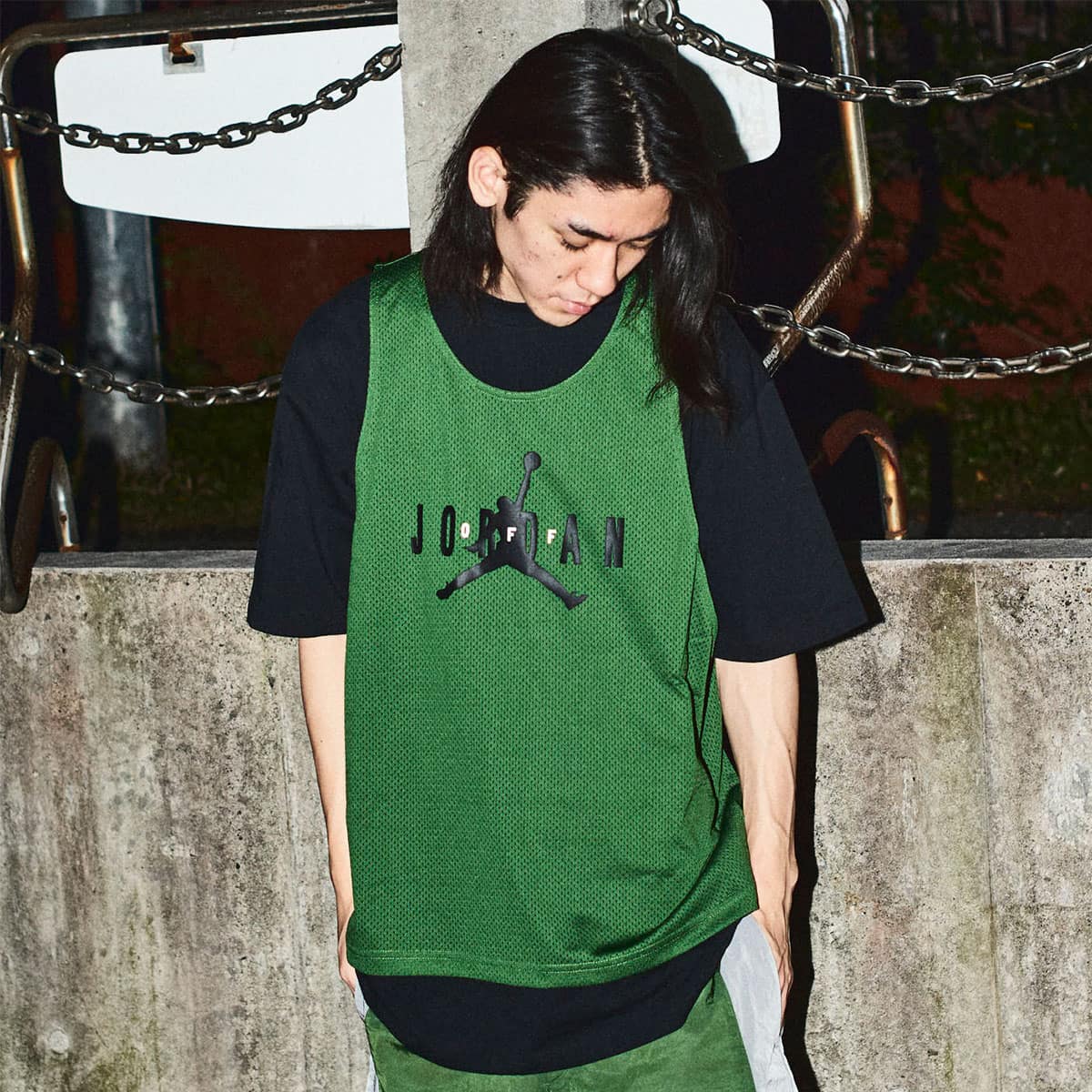 ナイキ ×オフホワイト OFF-WHITE  21AW  JORDAN BRAND AS M J OW SS TOP FOREST CV3524-361 ジョーダンメッシュドッキングTシャツ メンズ M