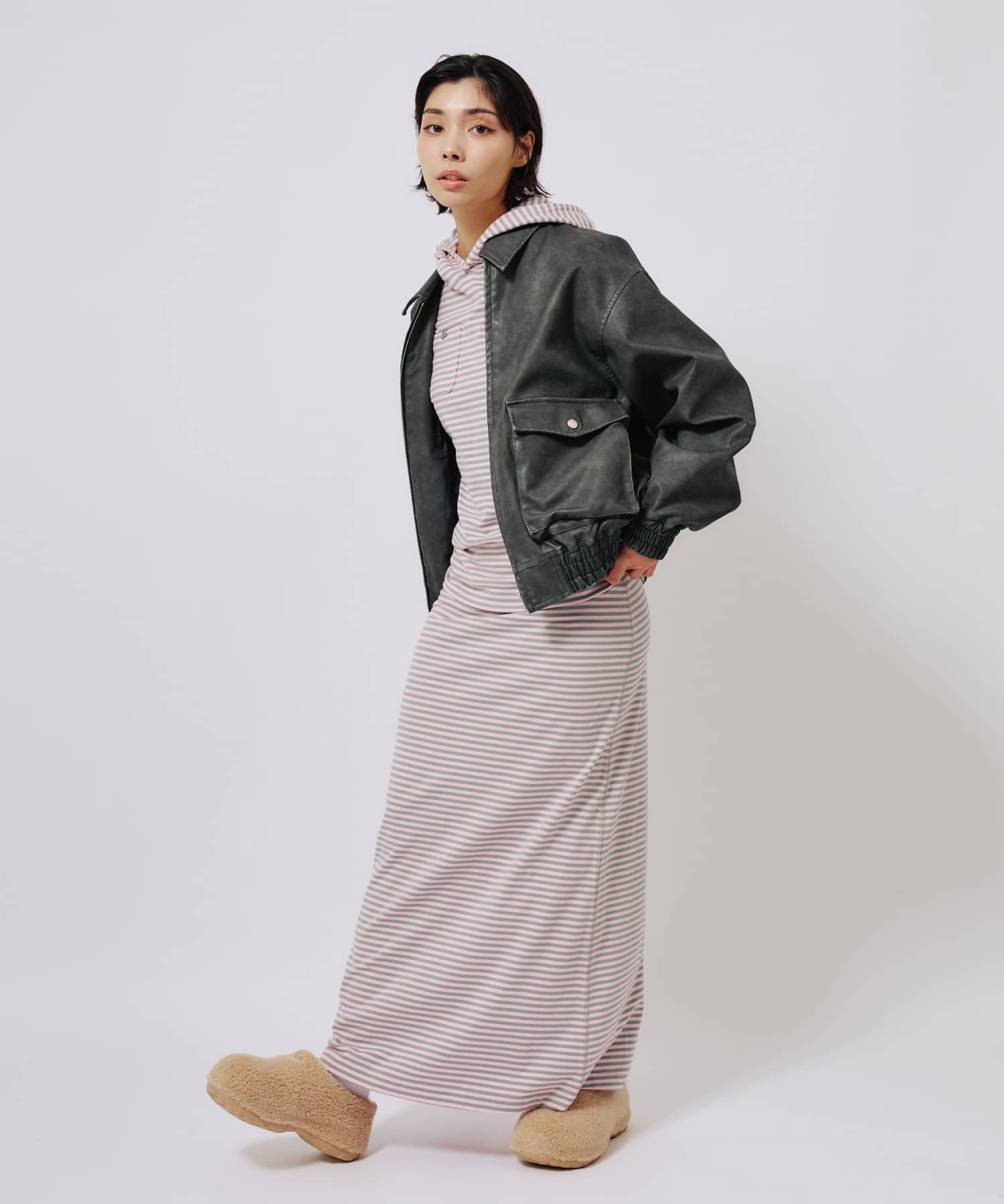 atmos pink Faux Leather Jacket BLACKの画像