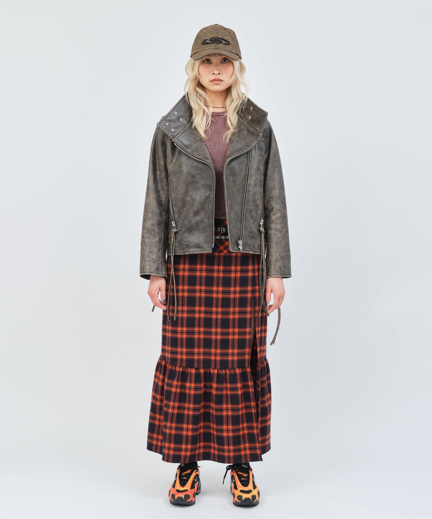 atmos pink Plaid Tiered Skirt ORANGEの画像