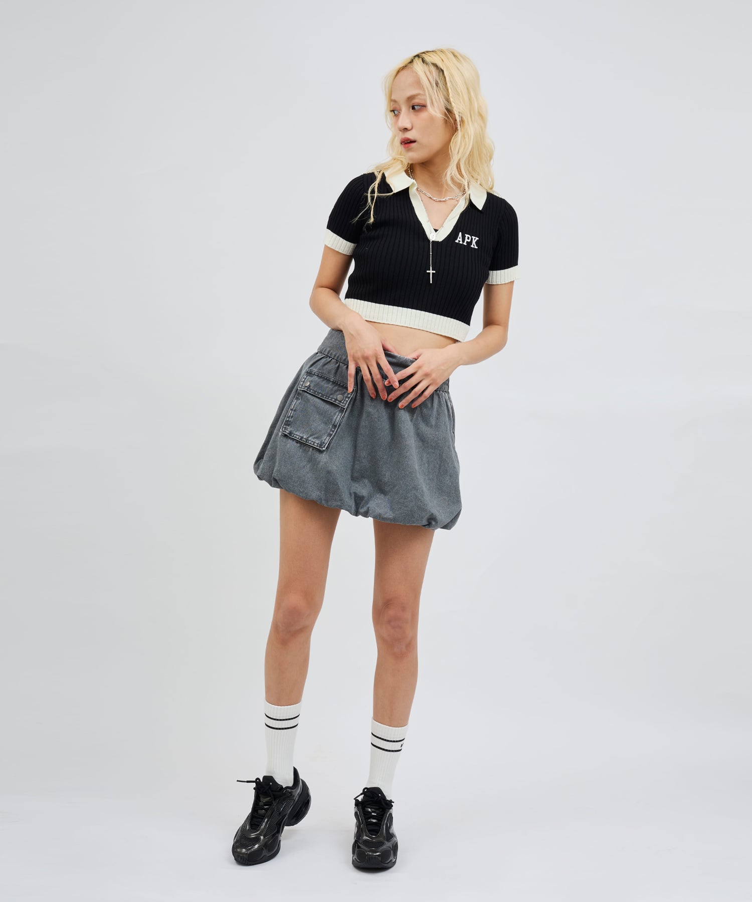 atmos pink Cheer Rib Knit Polo Shirt BLACKの画像