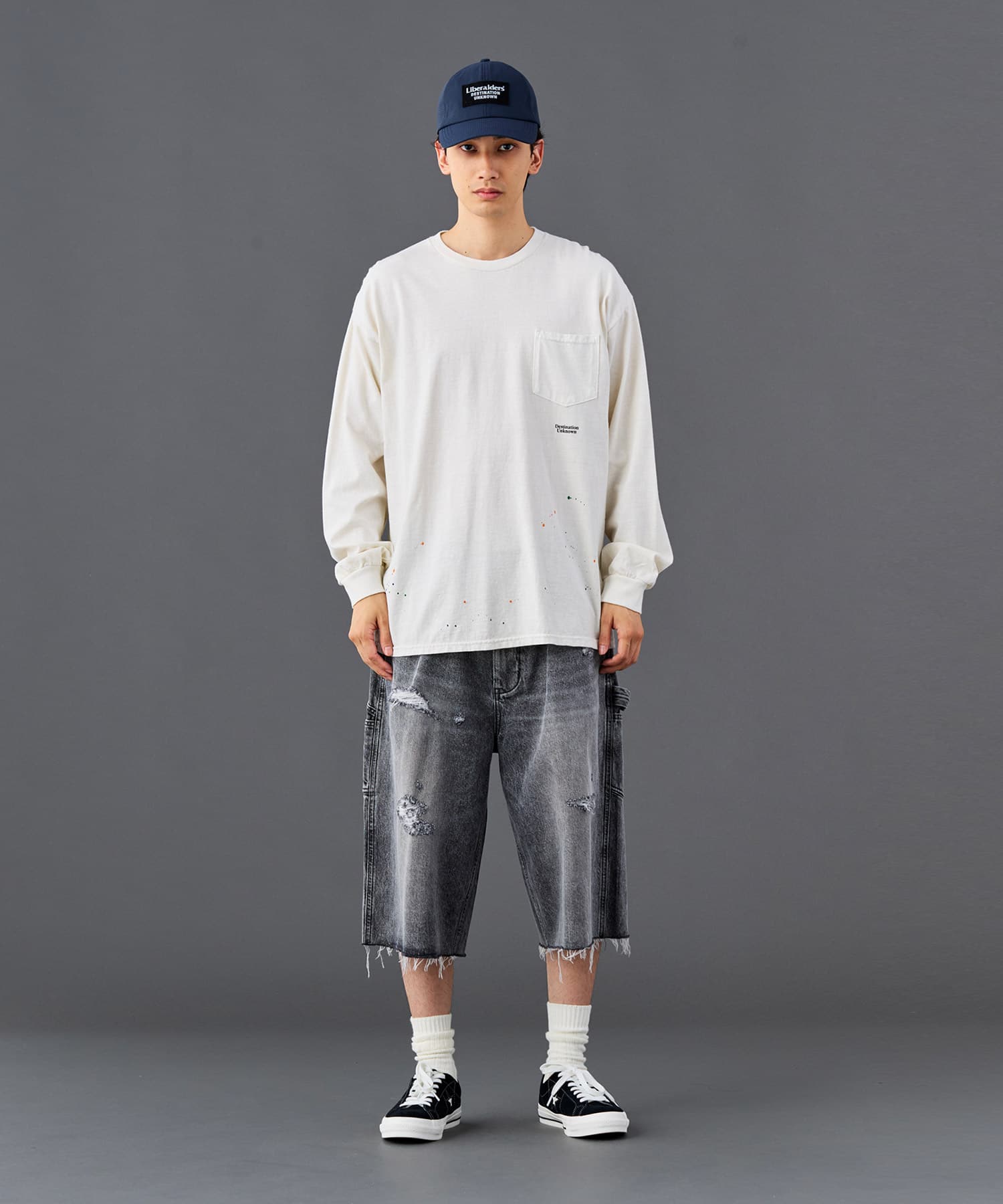 LIBERAIDERS DAMAGED DENIM BUGGY SHORTS BLACKの画像