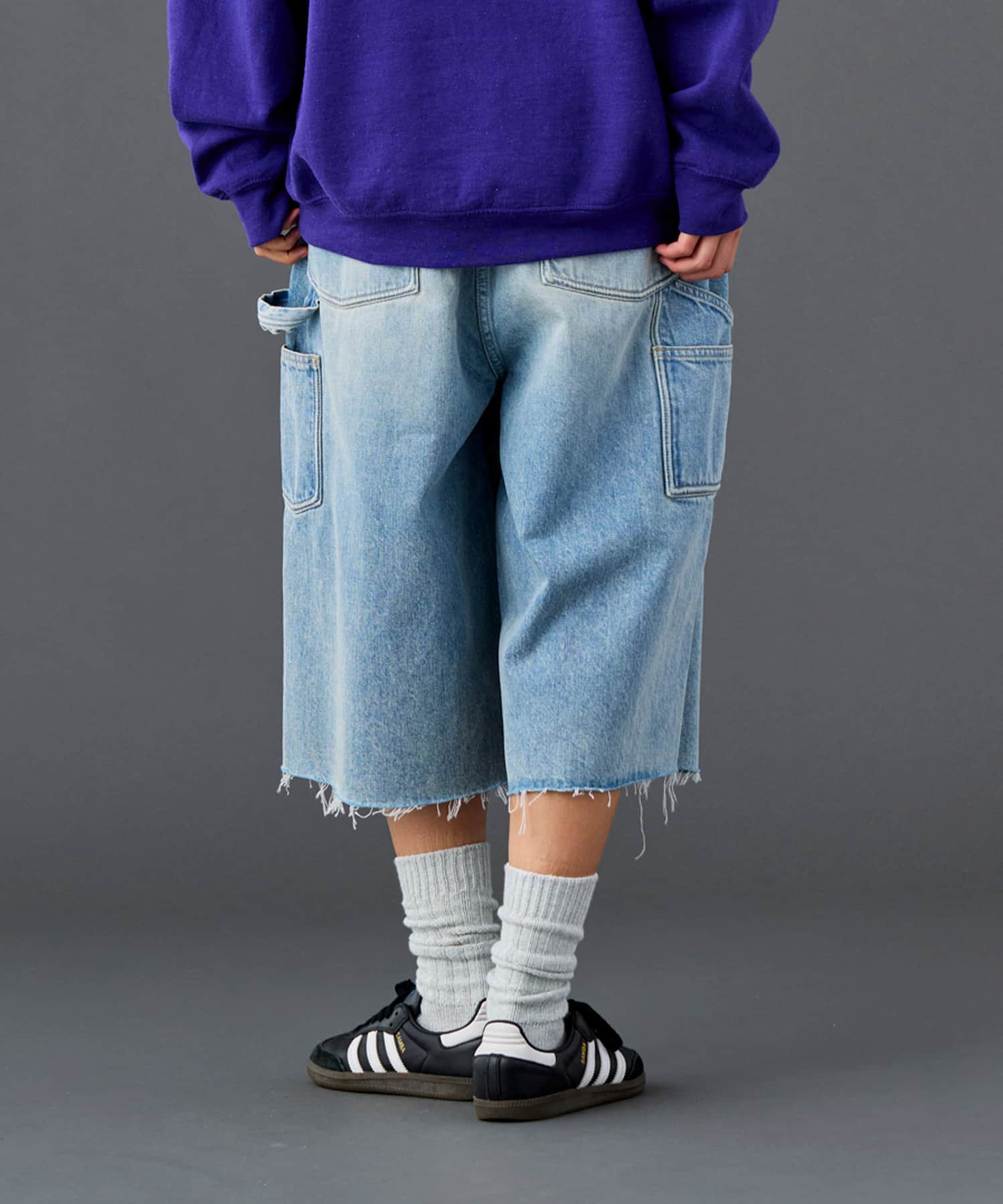 LIBERAIDERS DAMAGED DENIM BUGGY SHORTS BLUEの画像