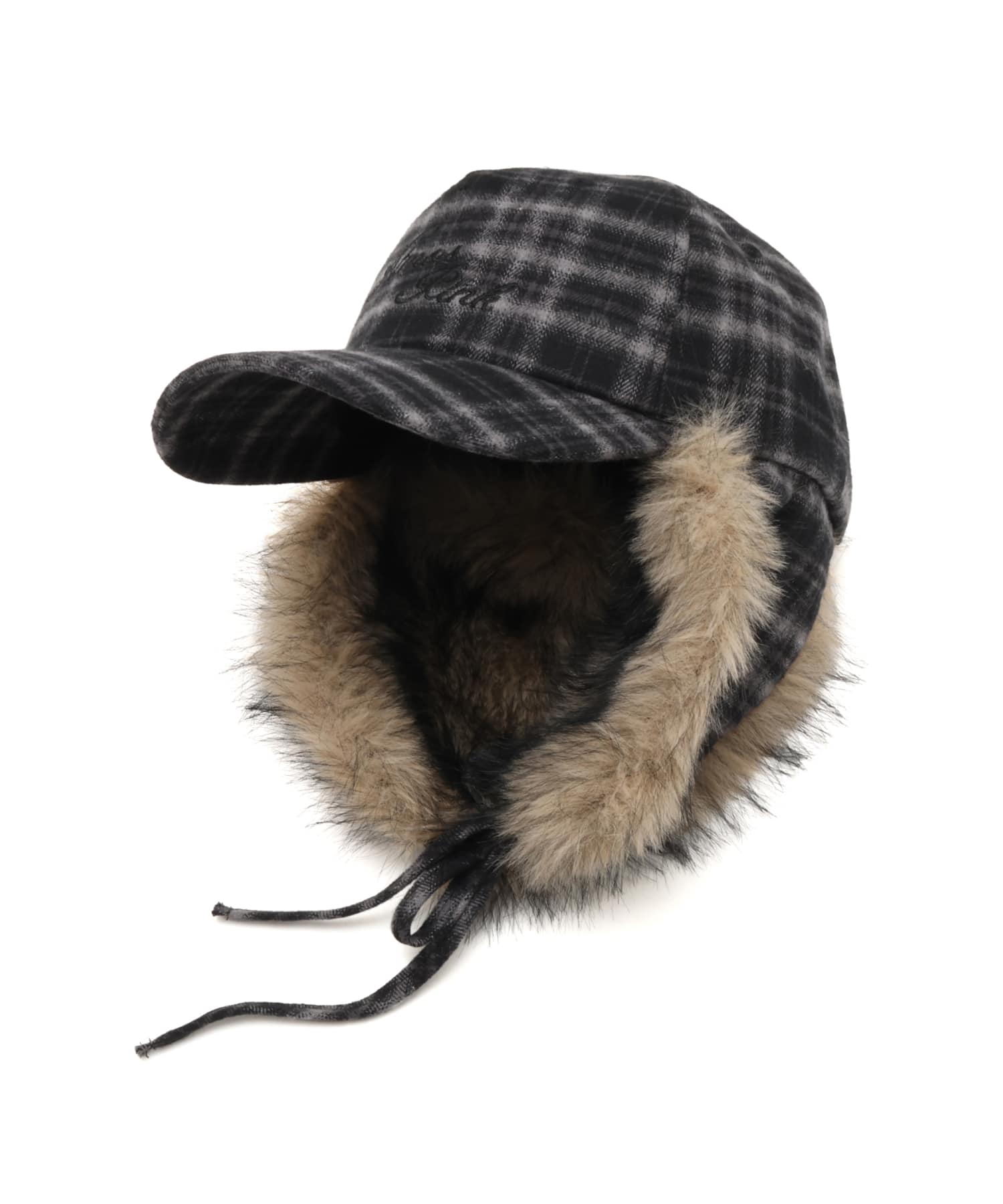 atmos pink Check Pattern Faux Fur Cap BLACKの画像