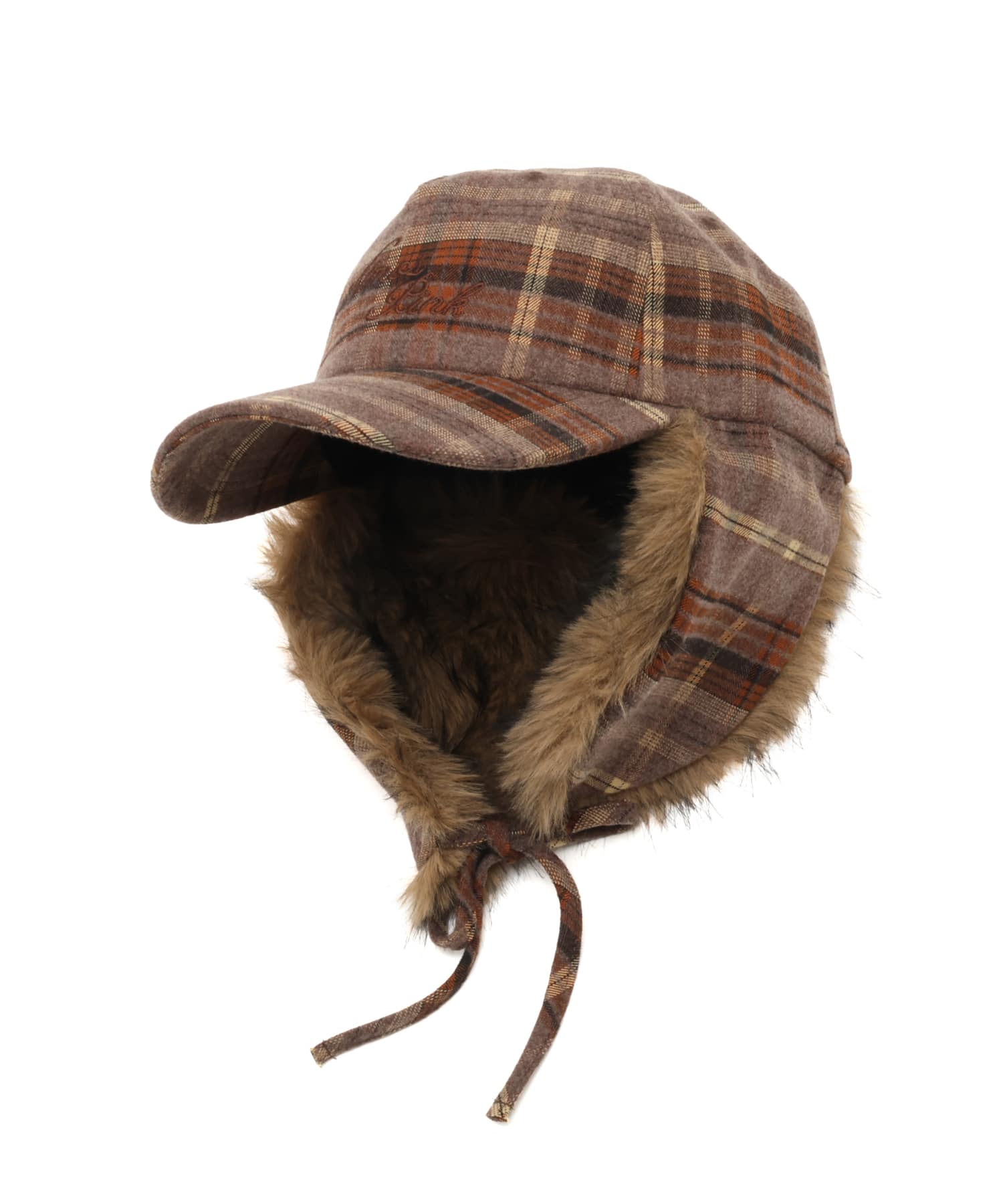 atmos pink Check Pattern Faux Fur Cap BROWNの画像