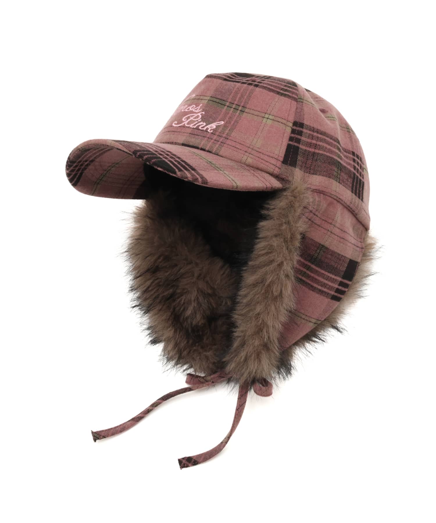 atmos pink Check Pattern Faux Fur Cap PINKの画像