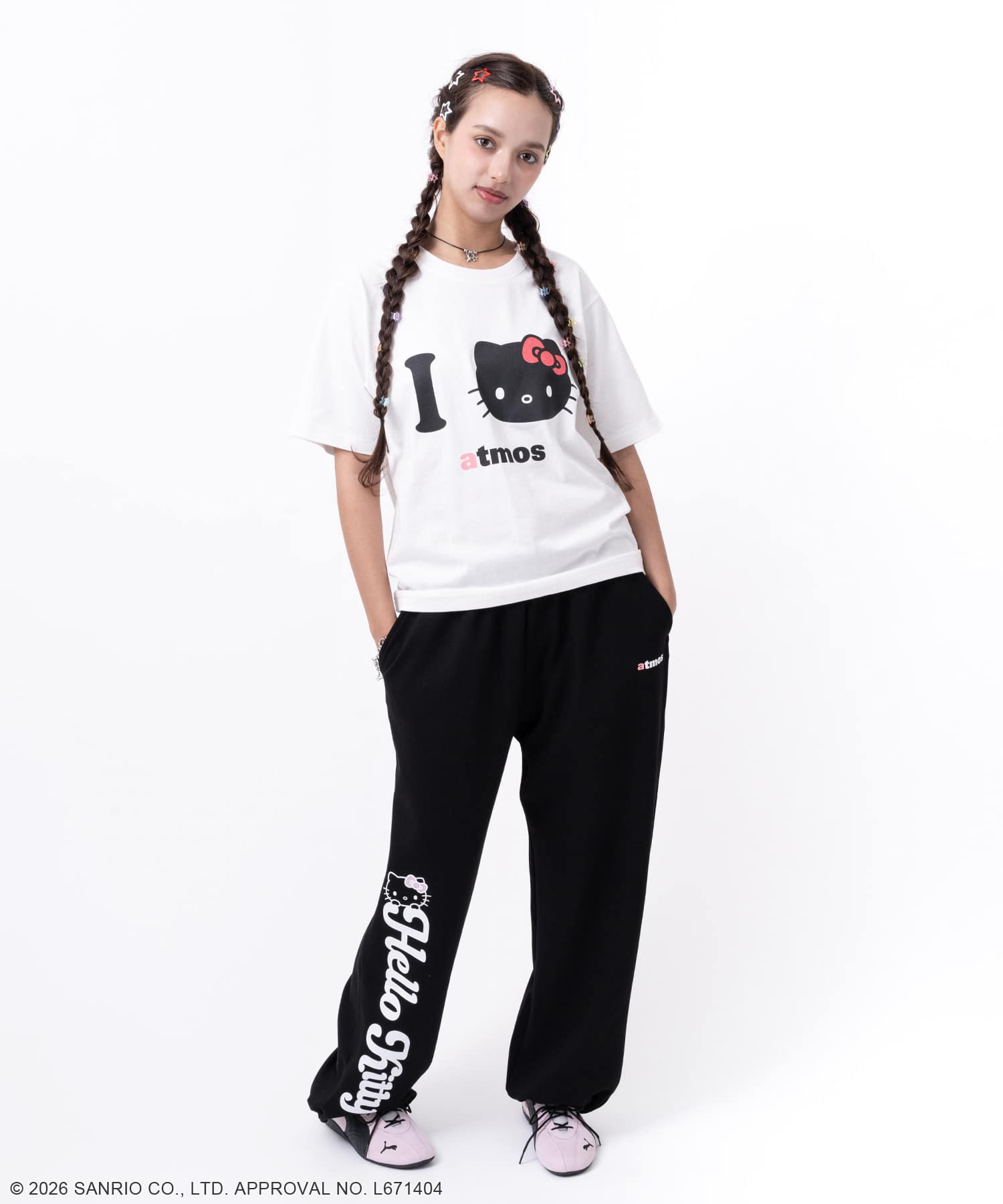 atmos pink x HELLO KITTY I Love atmos T-shirt WHITEの画像