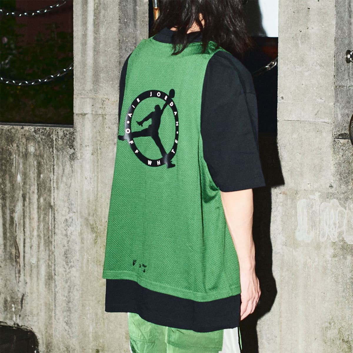 ナイキ ×オフホワイト OFF-WHITE  21AW  JORDAN BRAND AS M J OW SS TOP FOREST CV3524-361 ジョーダンメッシュドッキングTシャツ メンズ M