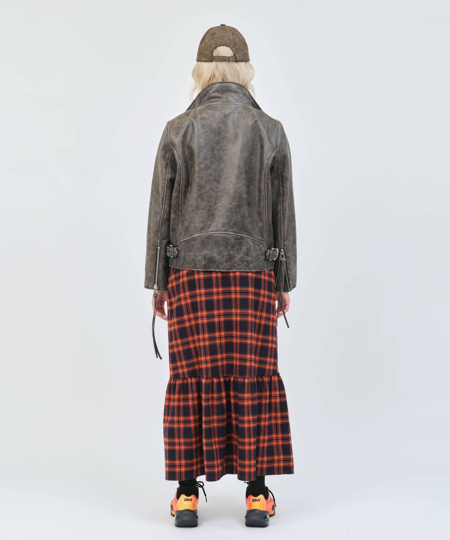 atmos pink Distressed Leather Jacket BROWNの画像