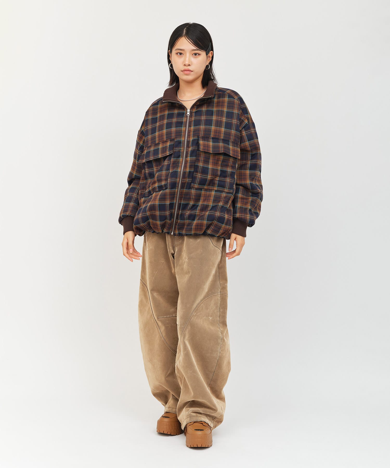 atmos pink Plaid Jacket BROWNの画像