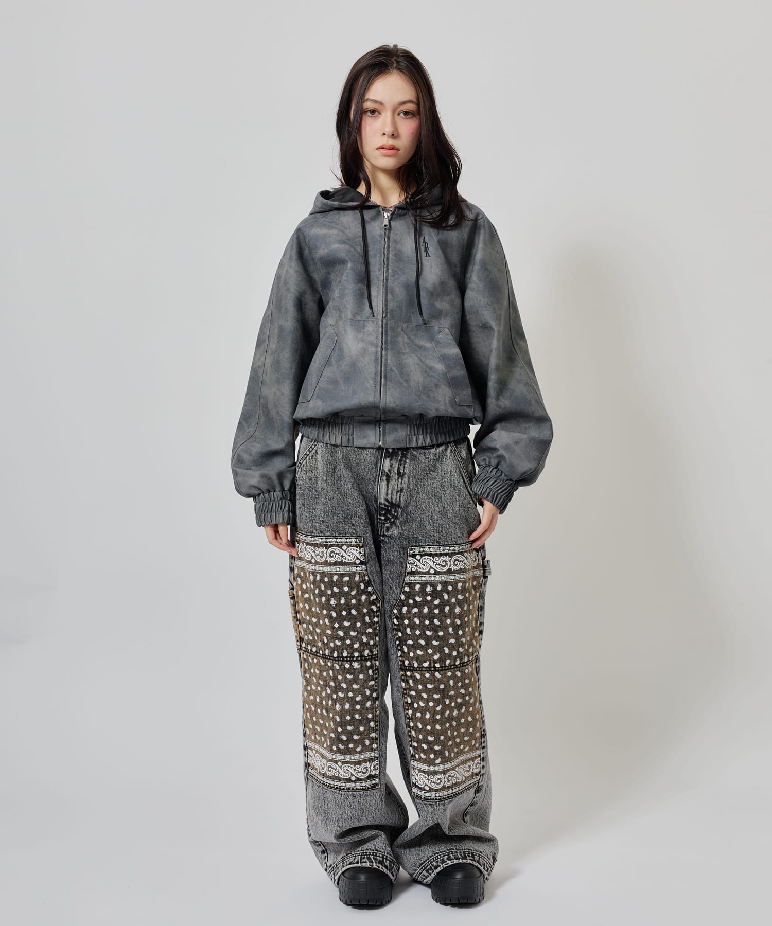 atmos pink Faux Leather Hoodie Jacket CHARCOALの画像