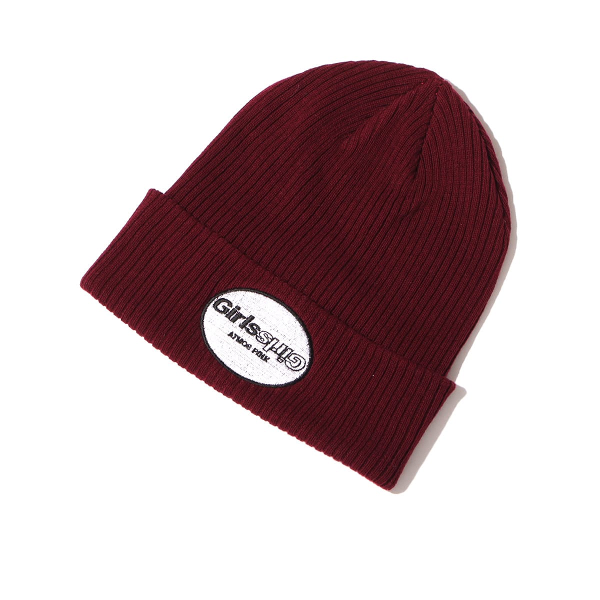 Girls2 × atmos pink ワッペンロゴニット帽 BURGUNDYのメイン画像
