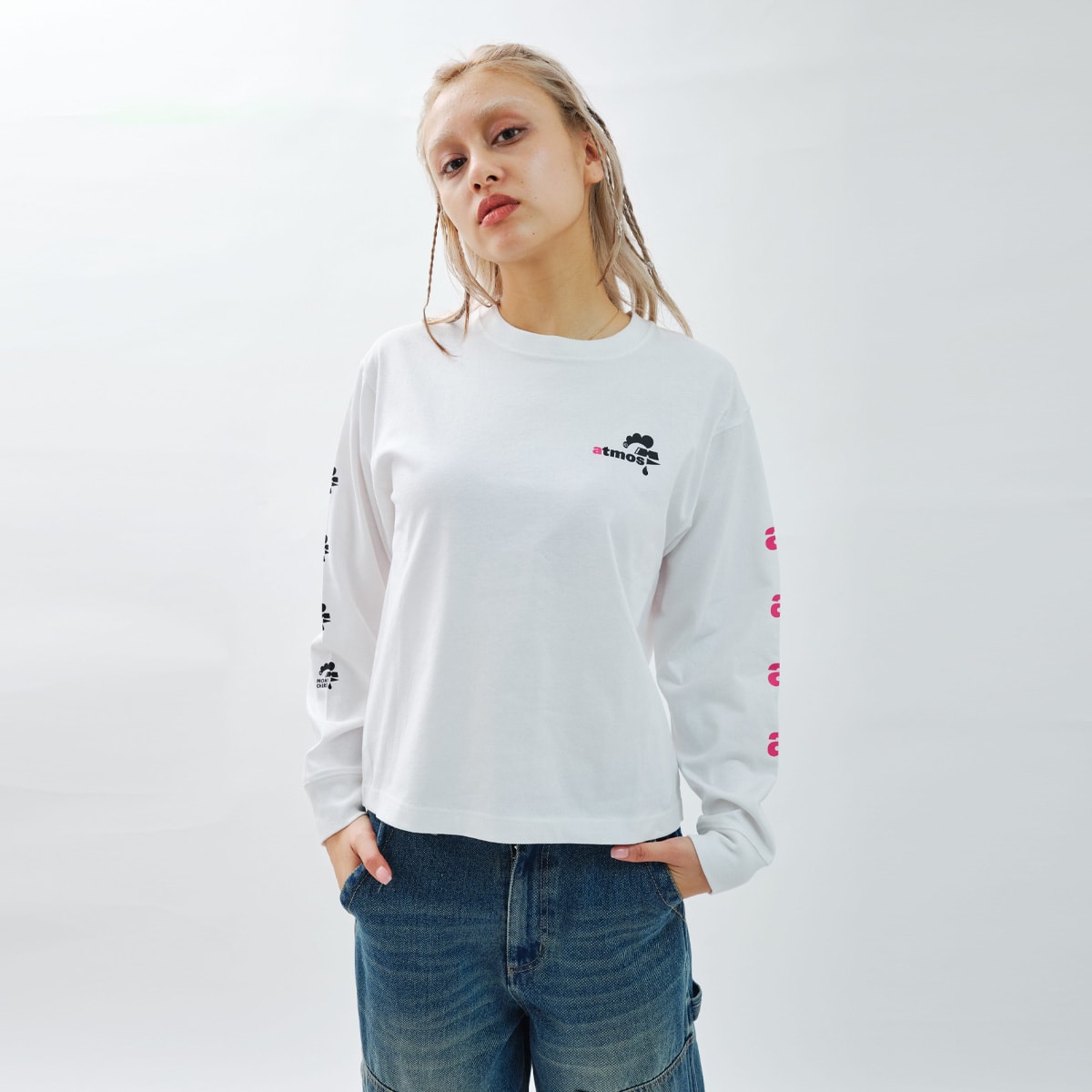 atmos pink x MONICHIKI HOUSE AM Logo L/S T-Shirt WHITE