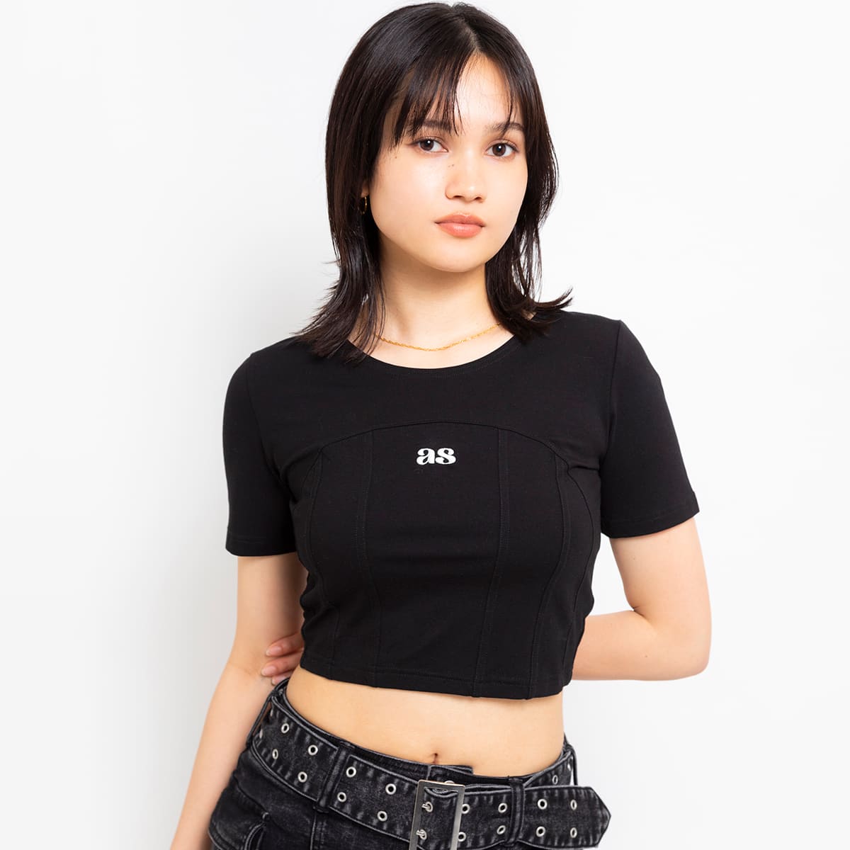 ANNA SUI NYC コルセット クロップドロゴ Tシャツ BLACK