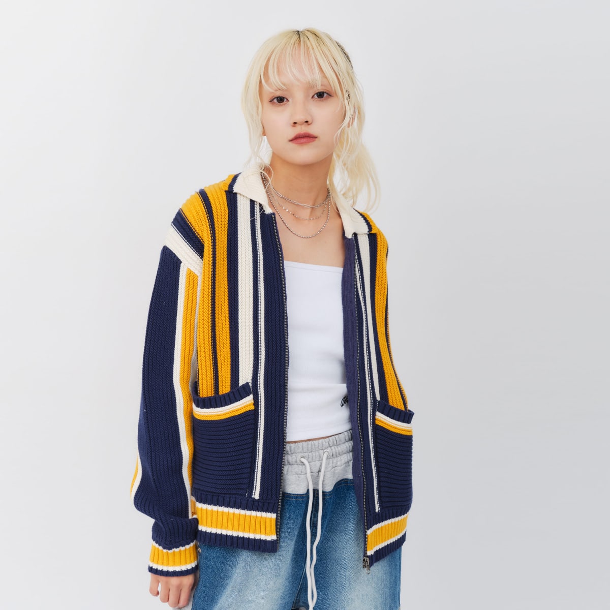atmos pink Stripe Knit Cardigan YELLOWのメイン画像