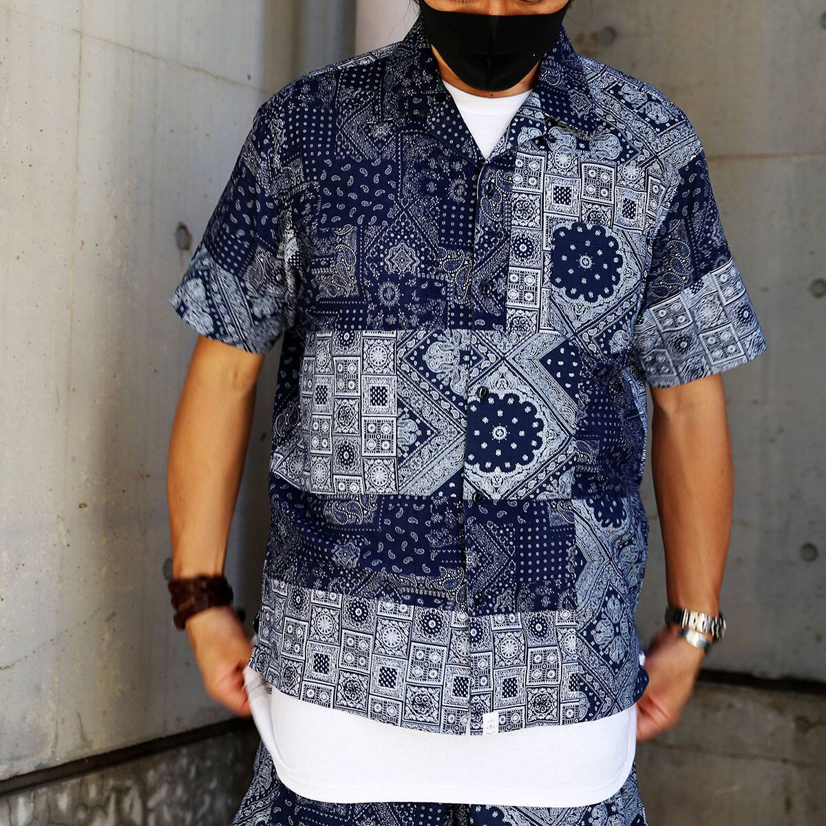 ATMOS LAB x MANASTASH BANDANA PATCHWORK OPENCOLLAR SHIRT NAVY 20SP-S_photo_large