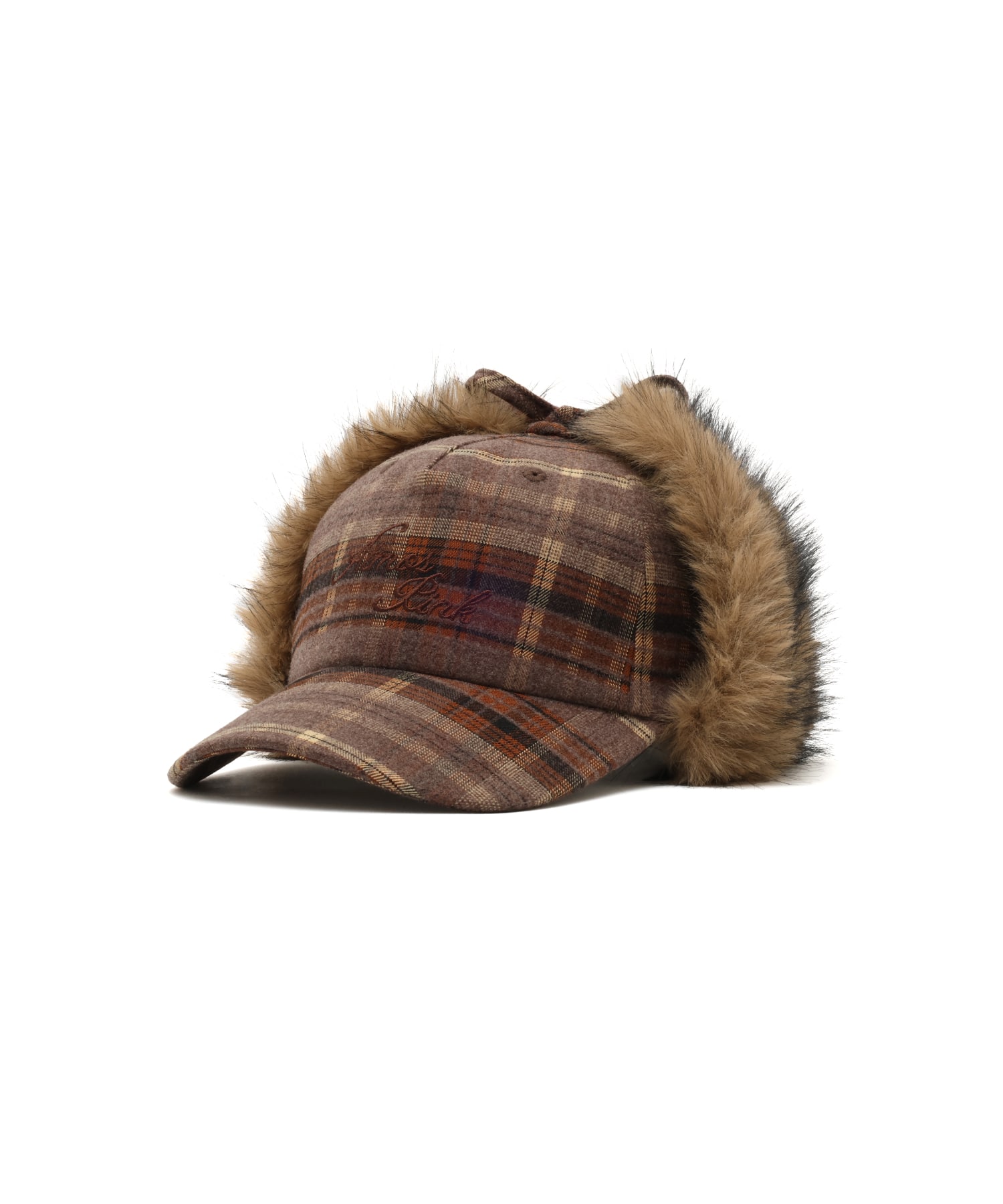 atmos pink Check Pattern Faux Fur Cap BROWNのメイン画像