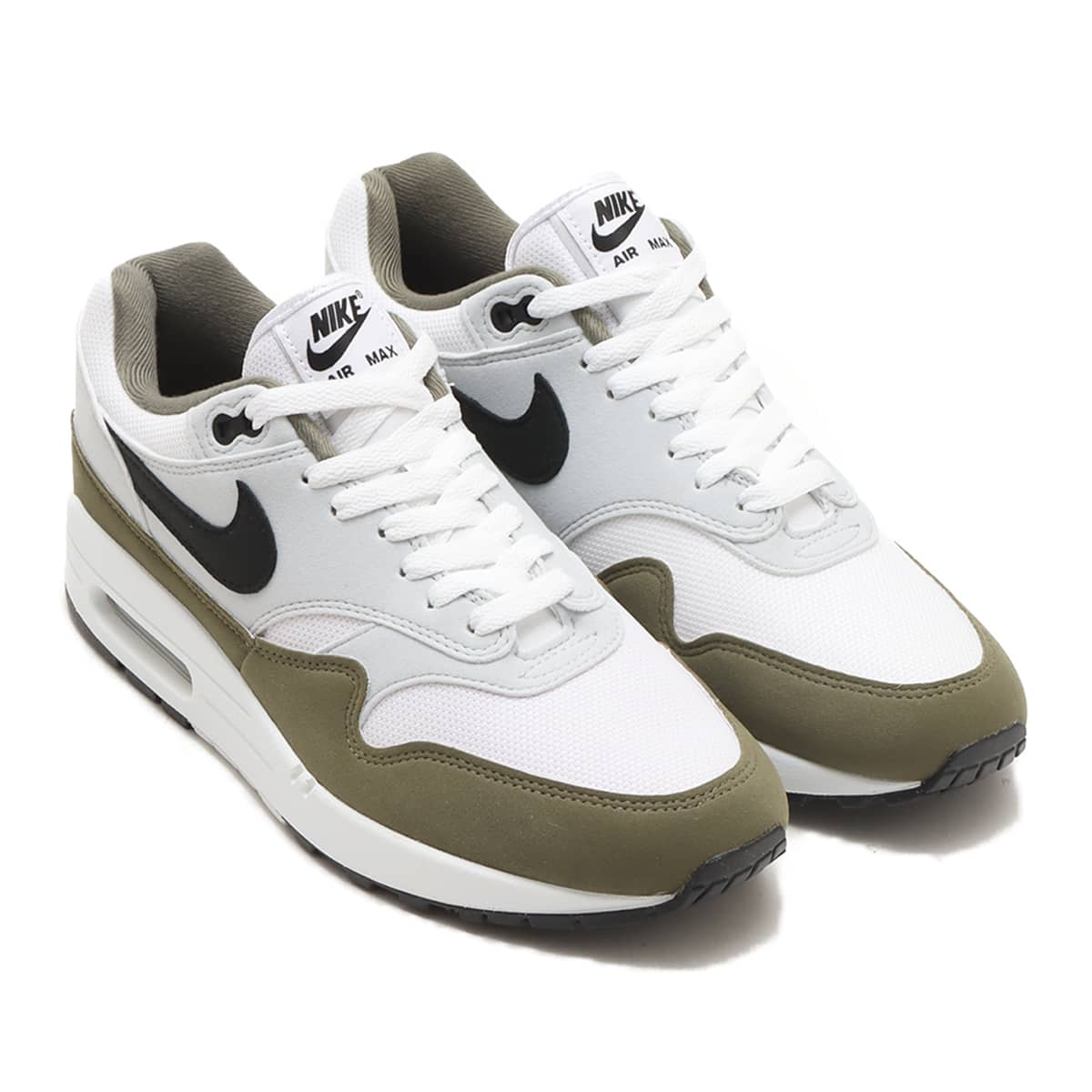 NIKE AIR MAX 1 WHITE/BLACK-PURE PLATINUM-MEDIUM OLIVE