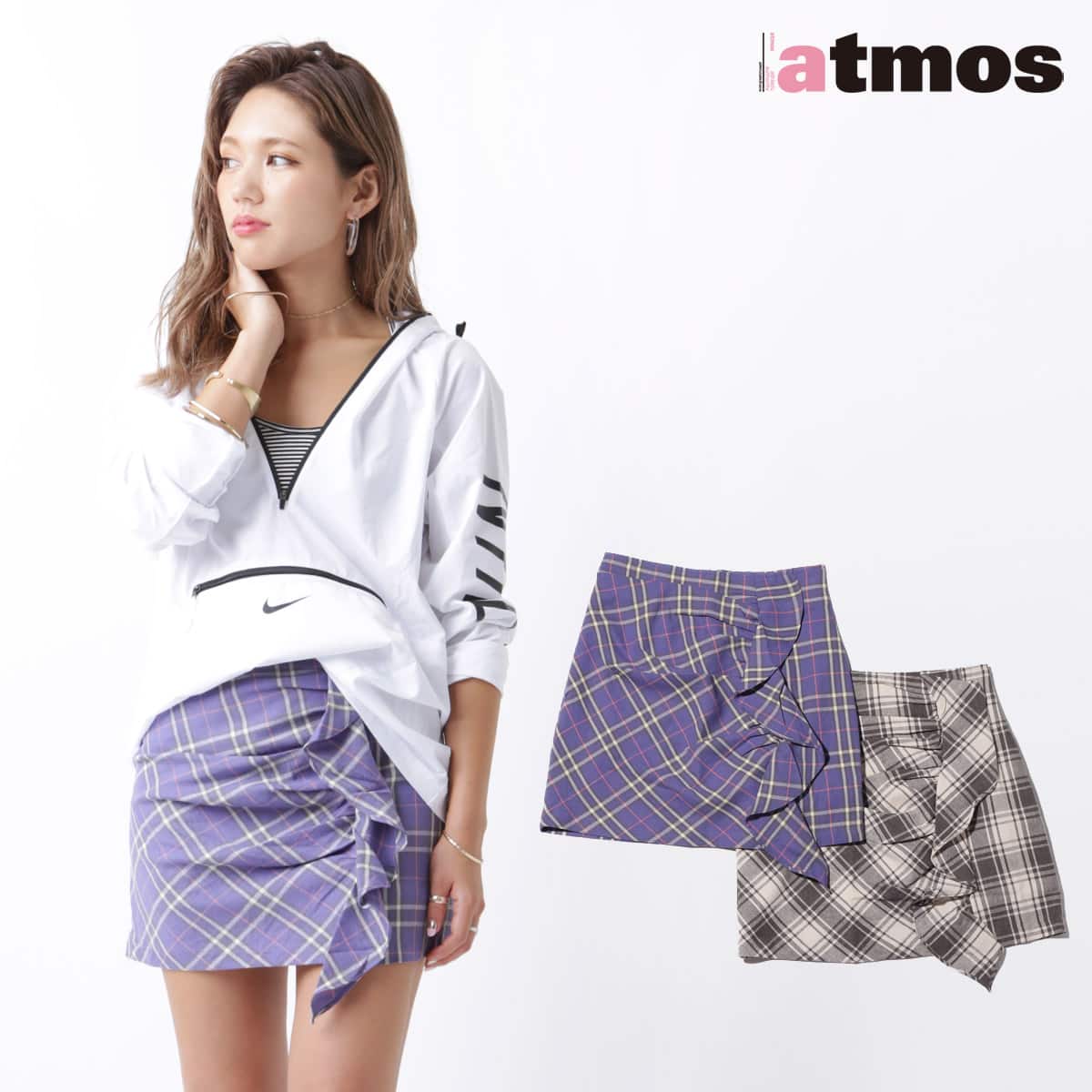 atmos pink タータンチェック フリル ミニスカート 2色展開のメイン画像