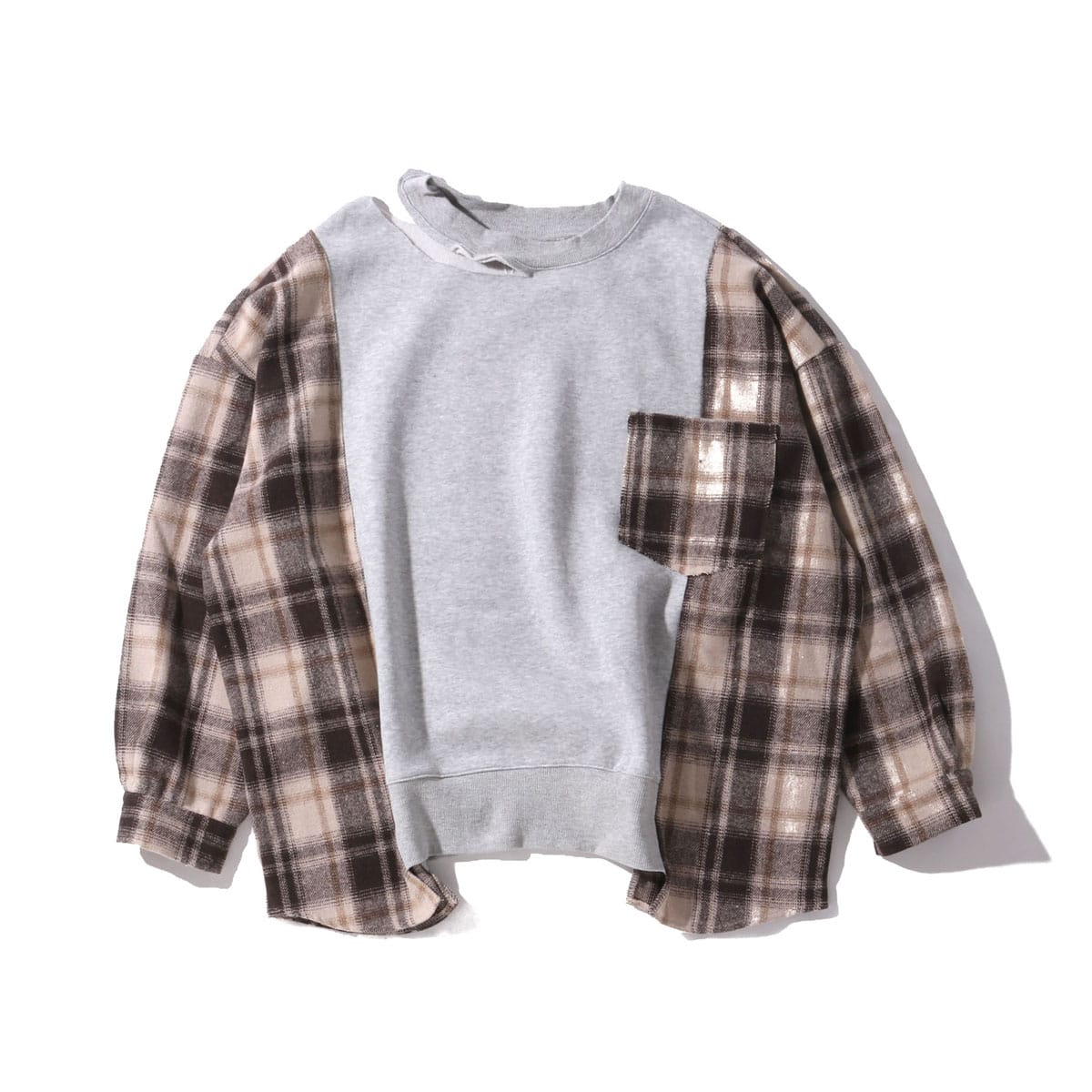 atmos pink 袖チェックダメージネックトップス TX GRYのメイン画像