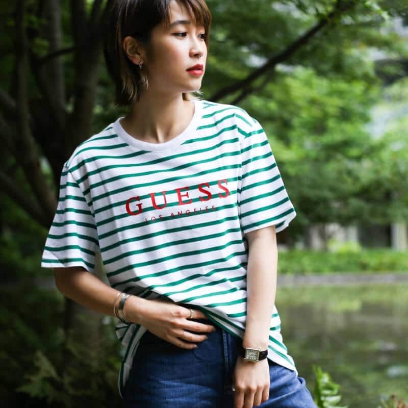 GUESS MEN'S S/SLV BORDER TEE SHIRT  GREENのメイン画像