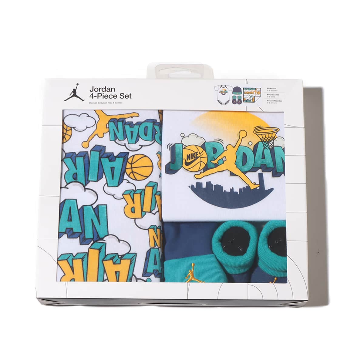 JORDAN BABY SET 4P HAT/BODYSUIT/BOOTIE/BLANKET 4P WHITE/BLUE 23SU-Iのメイン画像