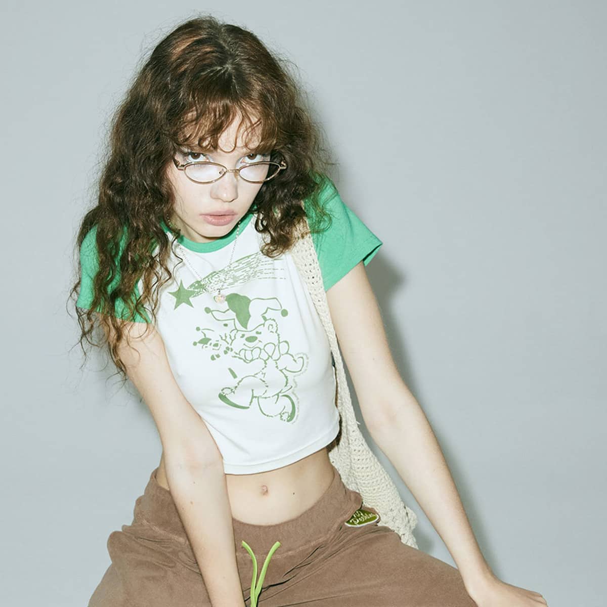 SCULPTOR Clown Bear Reglan Crop Top GREEN 22FA-I