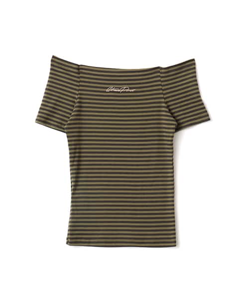 atmos pink Border Off-Shoulder T-shirt KHAKI