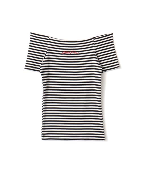 atmos pink Border Off-Shoulder T-shirt WHITE