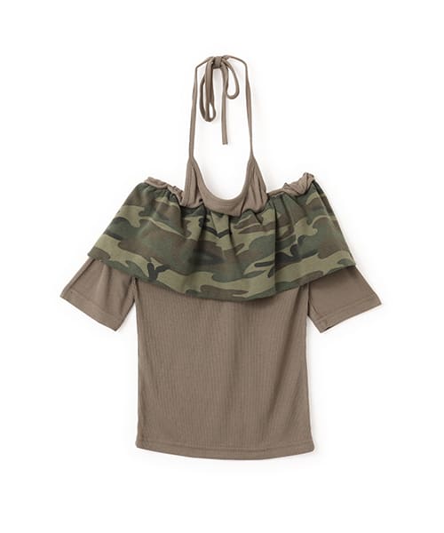 atmos pink Layered Camouflage Off-Shoulder Top KHAKI
