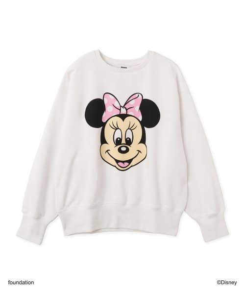 MICKEY & MINNIE / atmos pink Big Face Vintage Like Sweatshirt WHITE