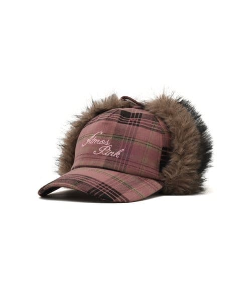 atmos pink Check Pattern Faux Fur Cap PINK - ピンク